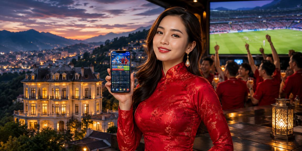 Người chơi trải nghiệm app cá cược trên thiết bị di động tại Đà Lạt với áo dài truyền thống